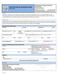 Document preview: Notification of Deceased Voter - Mecklenburg County, North Carolina