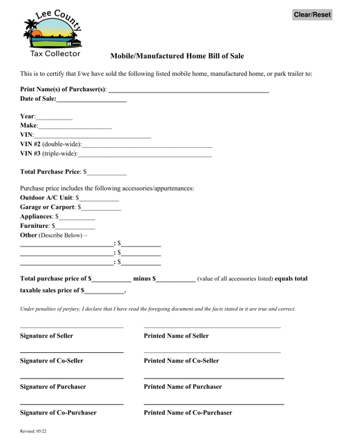 Mobile / Manufactured Home Bill of Sale - Lee County, Florida Download Pdf