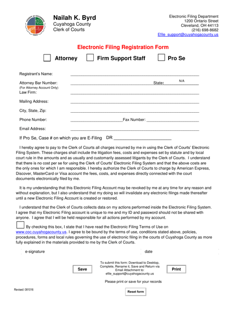 Electronic Filing Registration Form - Cuyahoga County, Ohio