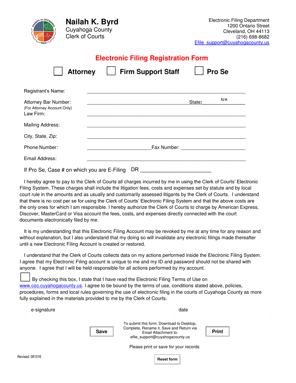 Electronic Filing Registration Form - Cuyahoga County, Ohio, Page 1