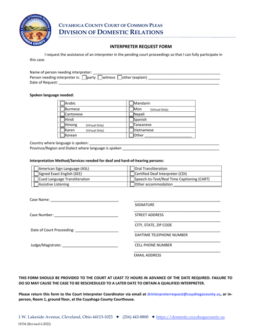 Form H334 Interpreter Request Form - Cuyahoga County, Ohio
