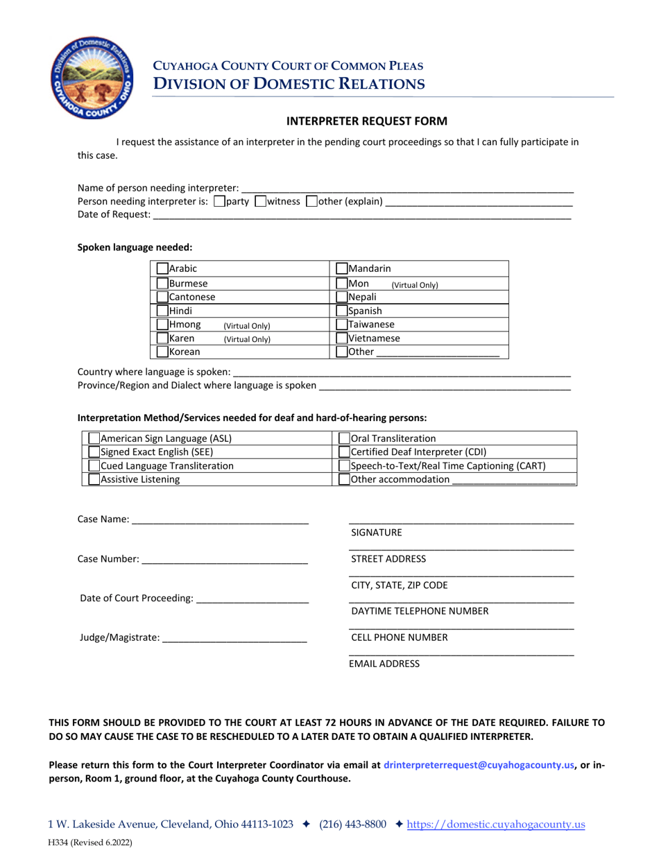 Form H334 Interpreter Request Form - Cuyahoga County, Ohio, Page 1