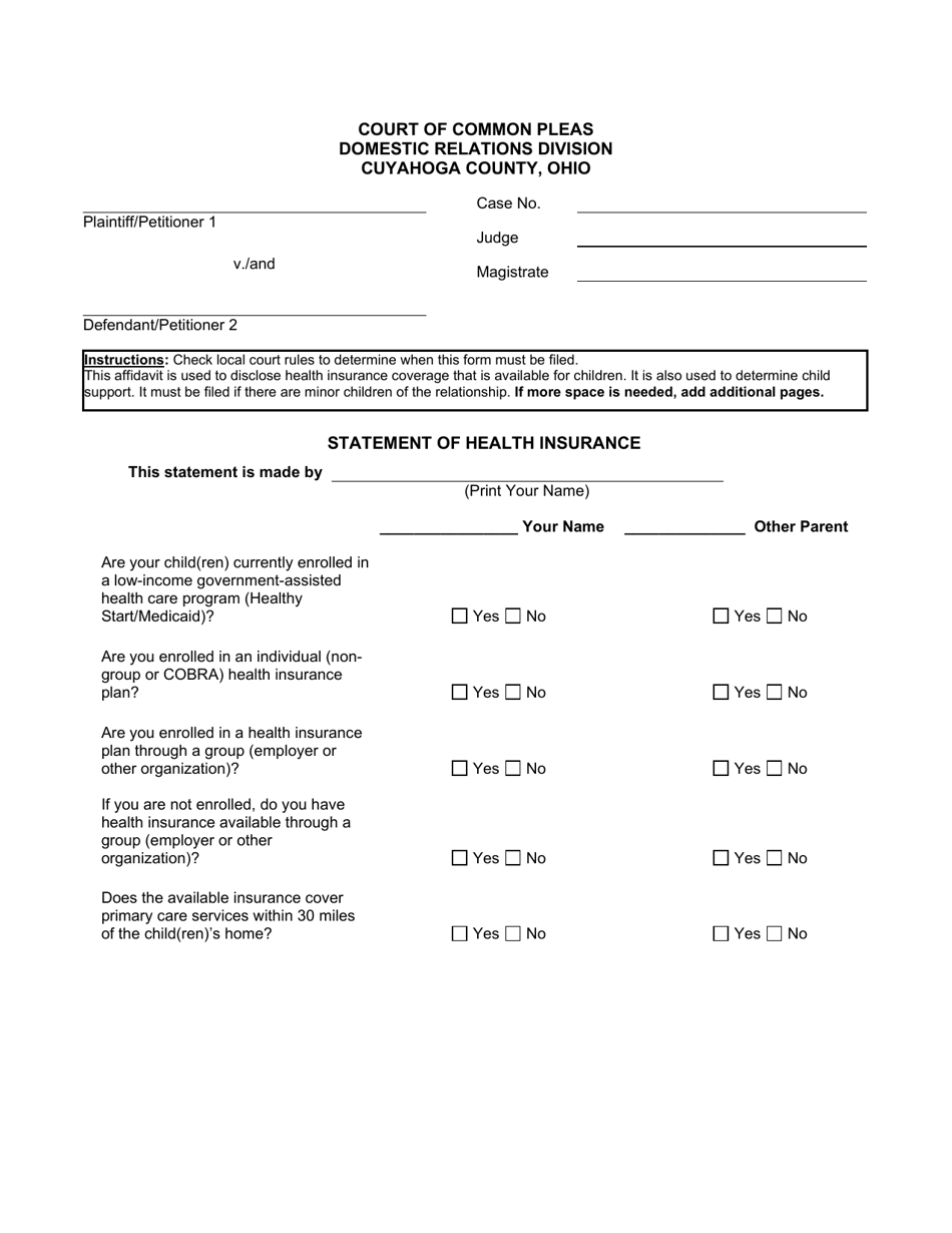Statement of Health Insurance - Cuyahoga County, Ohio, Page 1