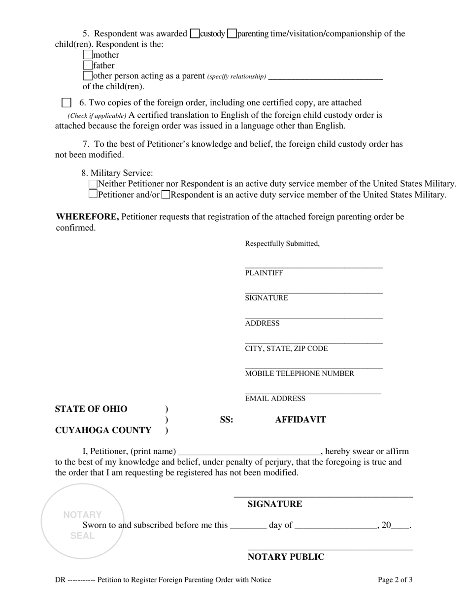 Cuyahoga County, Ohio Petition to Register Foreign Parenting Order With ...