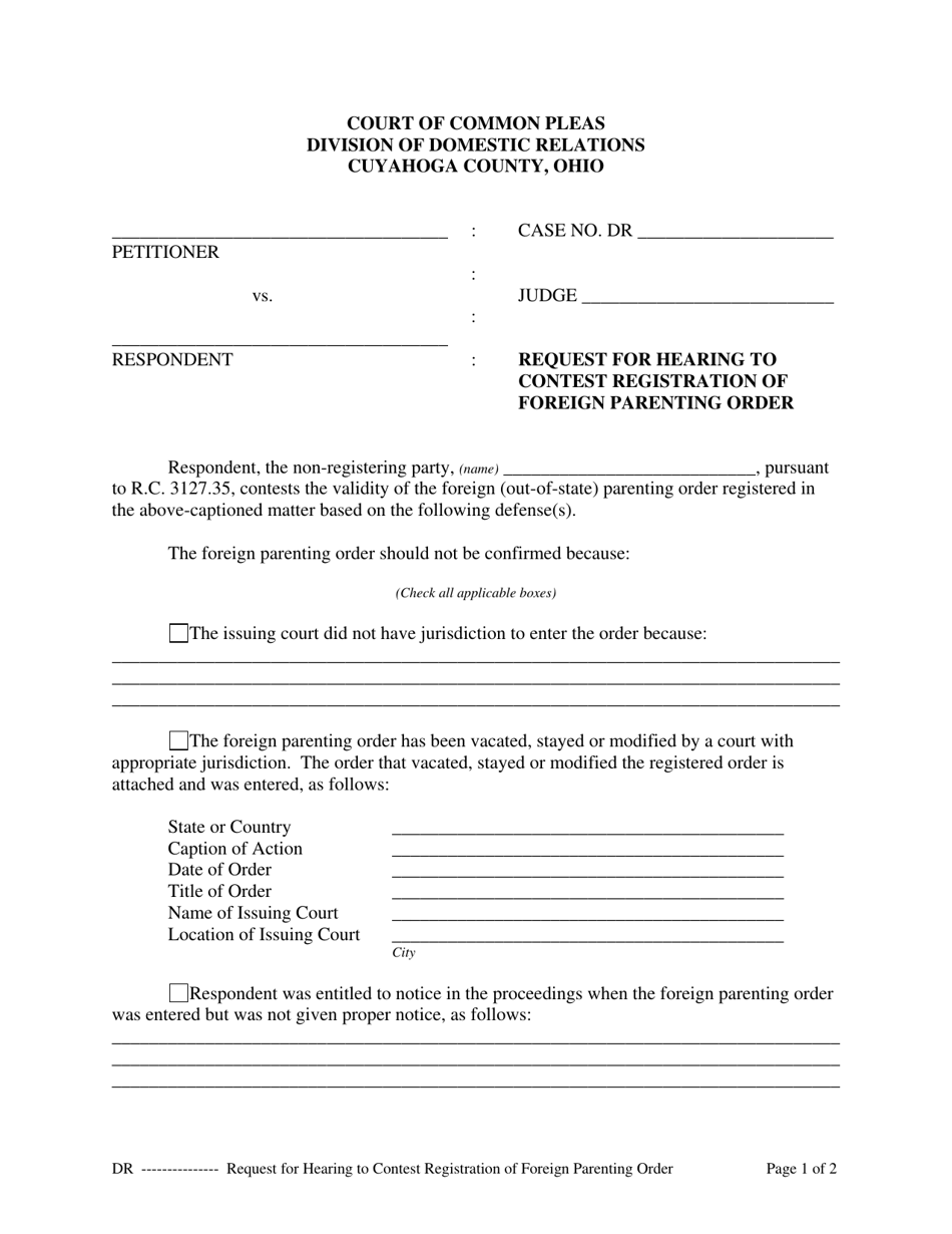 Request for Hearing to Contest Registration of Foreign Parenting Order - Cuyahoga County, Ohio, Page 1
