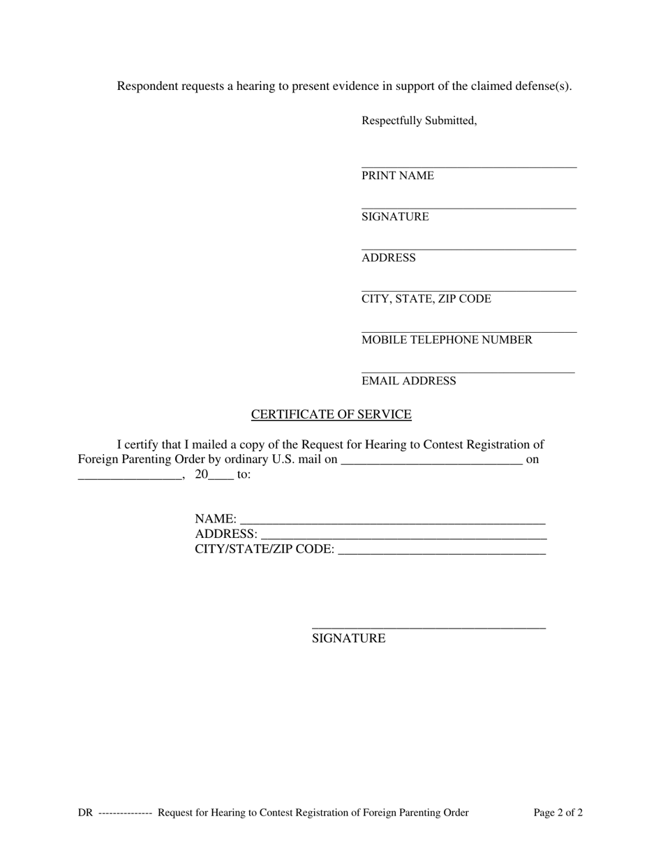 Request for Hearing to Contest Registration of Foreign Parenting Order - Cuyahoga County, Ohio, Page 2