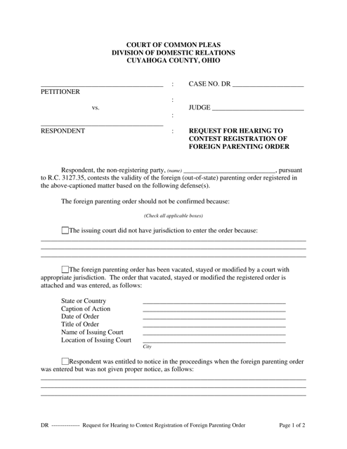 Request for Hearing to Contest Registration of Foreign Parenting Order - Cuyahoga County, Ohio Download Pdf