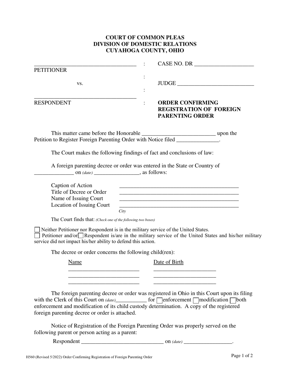 Form H560 Order Confirming Registration of Foreign Parenting Order - Cuyahoga County, Ohio, Page 1