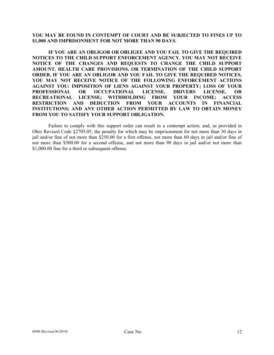 Form H990 Agreed Judgment Entry Modification of Allocation of Parental Rights and Responsibilities With Support - Cuyahoga County, Ohio, Page 12