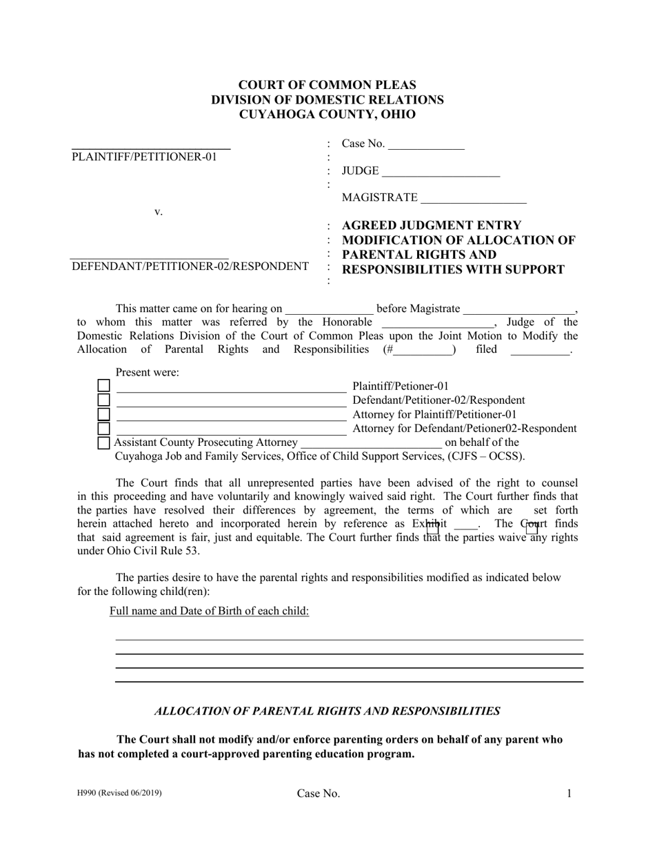 Form H990 Agreed Judgment Entry Modification of Allocation of Parental Rights and Responsibilities With Support - Cuyahoga County, Ohio, Page 1