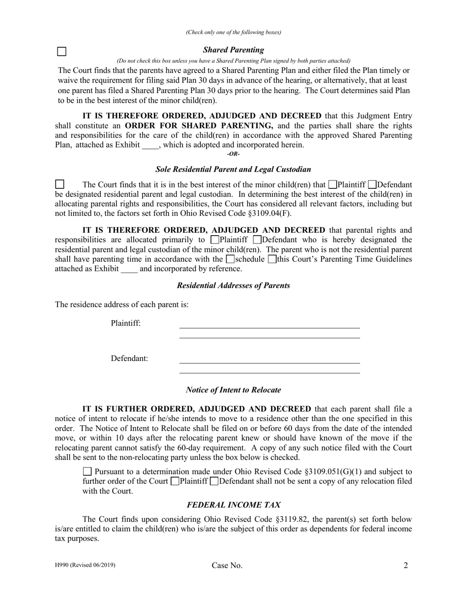 Form H990 Agreed Judgment Entry Modification of Allocation of Parental Rights and Responsibilities With Support - Cuyahoga County, Ohio, Page 2