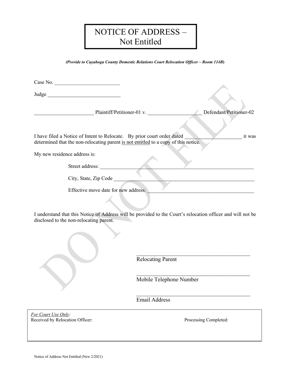 Cuyahoga County, Ohio Notice of Address Not Entitled Fill Out, Sign