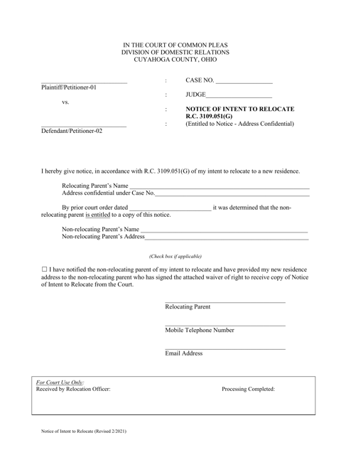 Notice of Intent to Relocate (Entitled to Notice - Address Confidential) - Cuyahoga County, Ohio Download Pdf