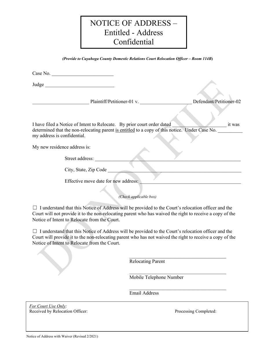 Notice of Address - Entitled - Address Confidential - Cuyahoga County, Ohio, Page 1
