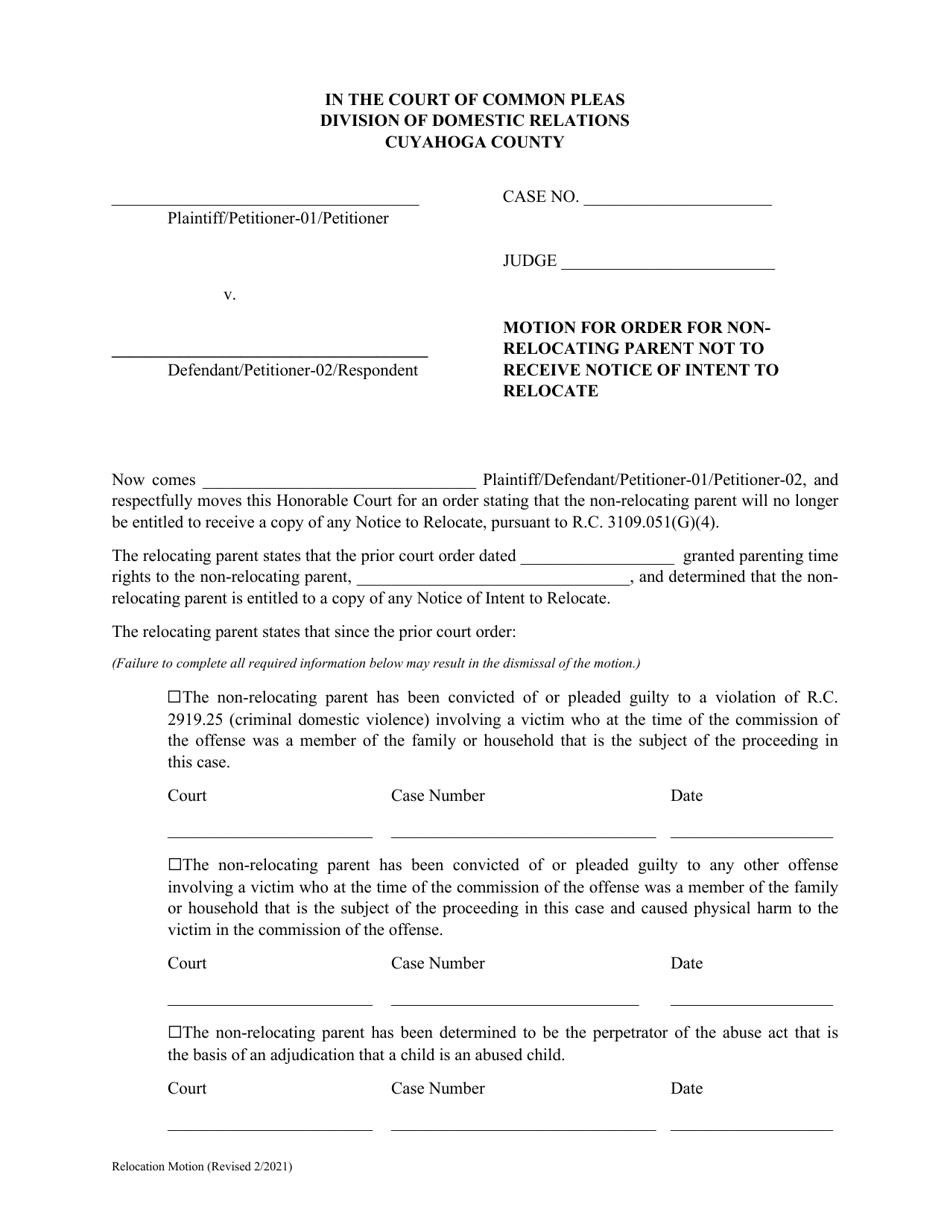 Motion for Order for Non-relocating Parent Not to Receive Notice of Intent to Relocate - Cuyahoga County, Ohio, Page 1