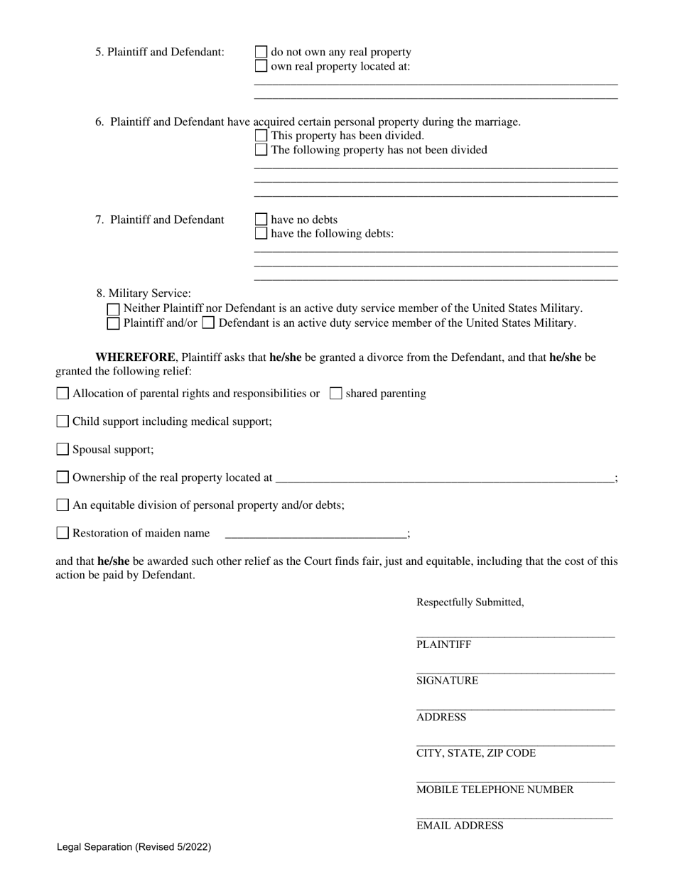 Cuyahoga County, Ohio Complaint for Legal Separation - Fill Out, Sign ...