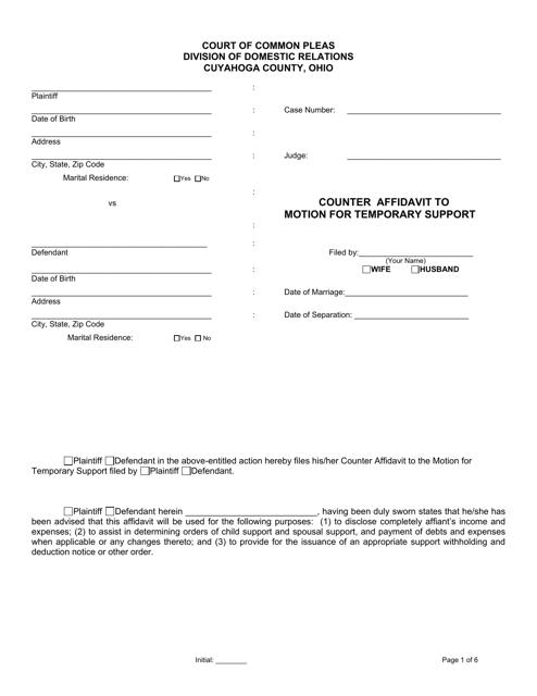 Counter Affidavit to Motion for Temporary Support - Cuyahoga County, Ohio