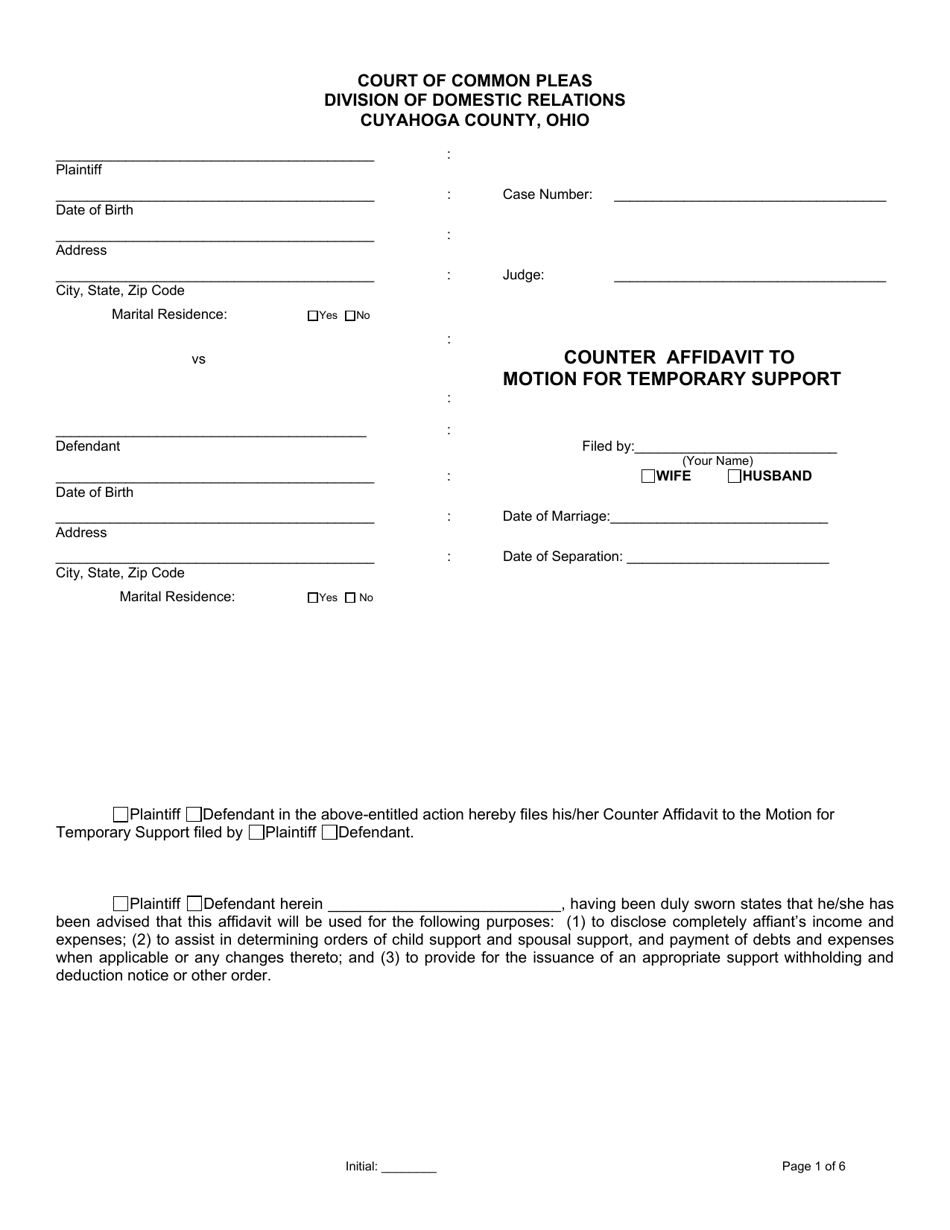 Counter Affidavit to Motion for Temporary Support - Cuyahoga County, Ohio, Page 1