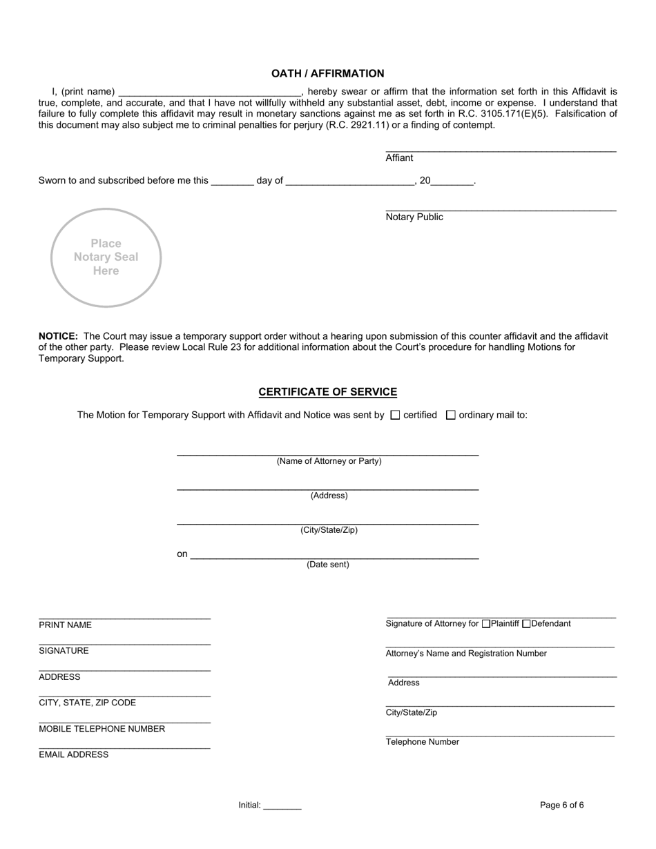 Counter Affidavit to Motion for Temporary Support - Cuyahoga County, Ohio, Page 6