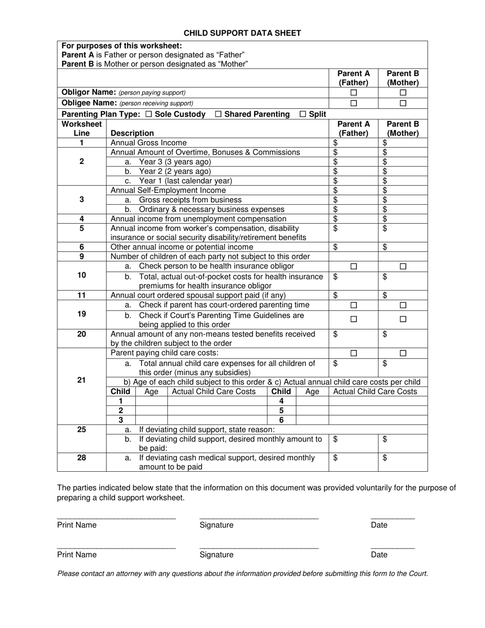 Child Support Data Sheet - Cuyahoga County, Ohio, Page 1