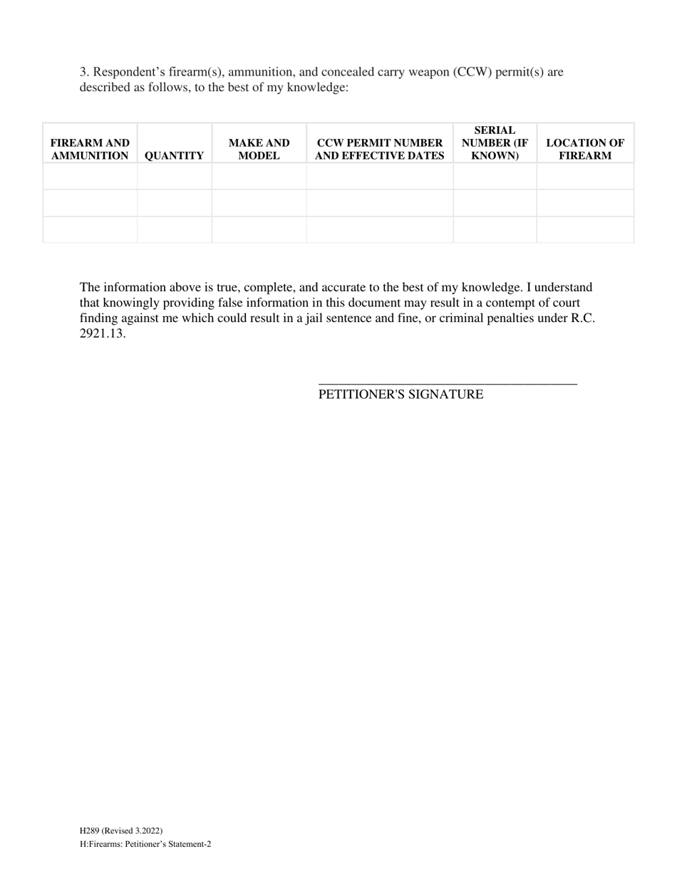 Form H289 Petitioners Sworn Statement of Respondents Possession of Firearm(S), Ammunition, and Concealed Carry Weapon (Ccw) Permit(S) - Cuyahoga County, Ohio, Page 2