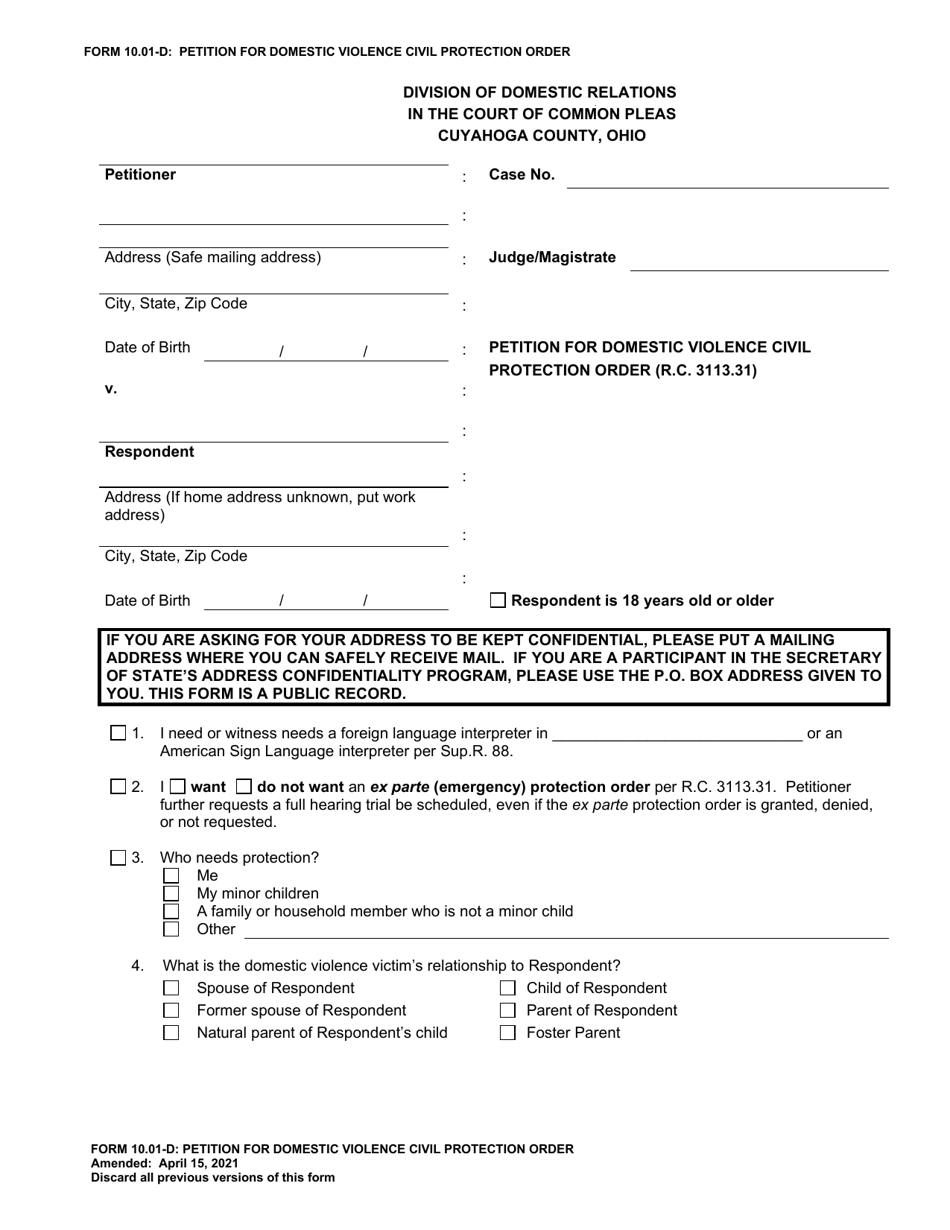 Form 10.01-D Petition for Domestic Violence Civil Protection Order - Cuyahoga County, Ohio, Page 1