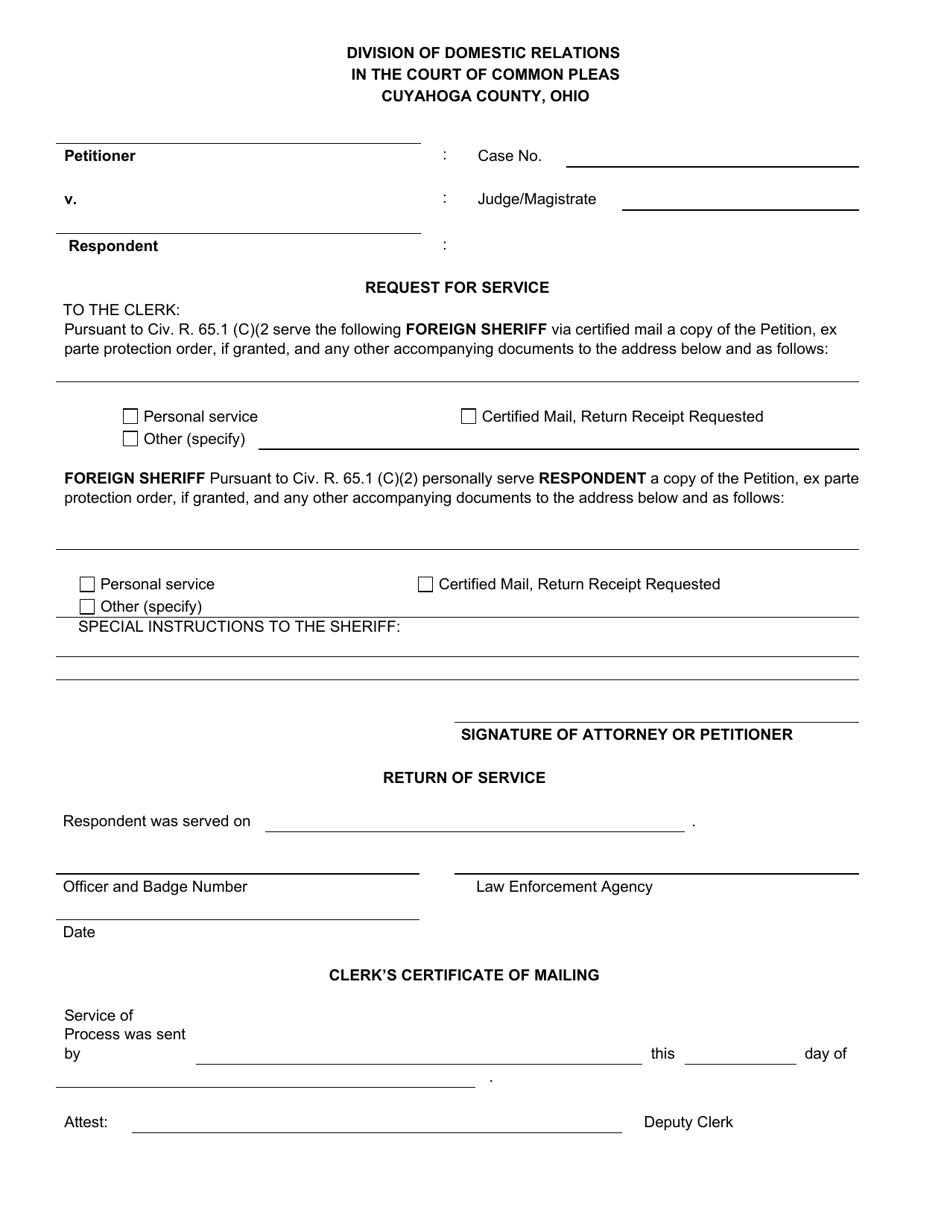 Request for Service - Foreign Sheriff - Cuyahoga County, Ohio, Page 1
