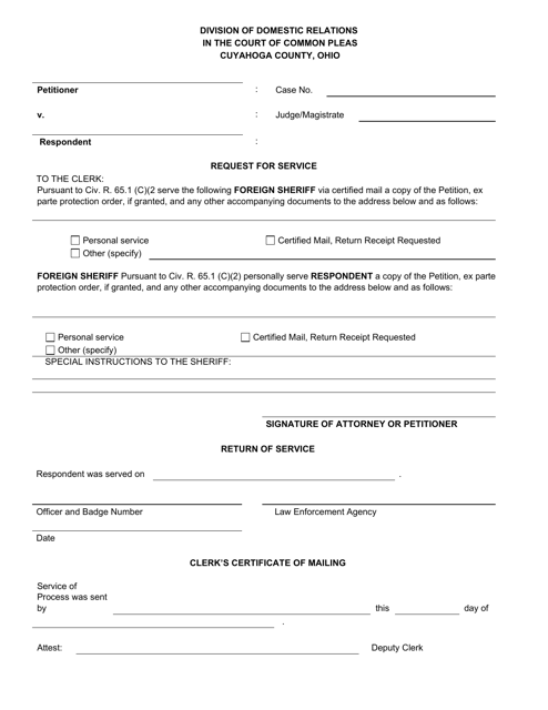 Request for Service - Foreign Sheriff - Cuyahoga County, Ohio Download Pdf