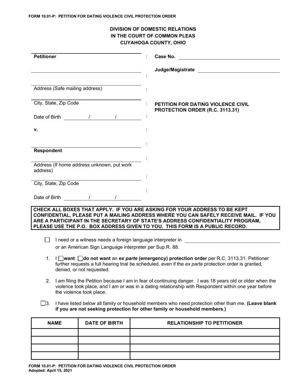 Form 10.01-P Petition for Dating Violence Civil Protection Order - Cuyahoga County, Ohio, Page 1