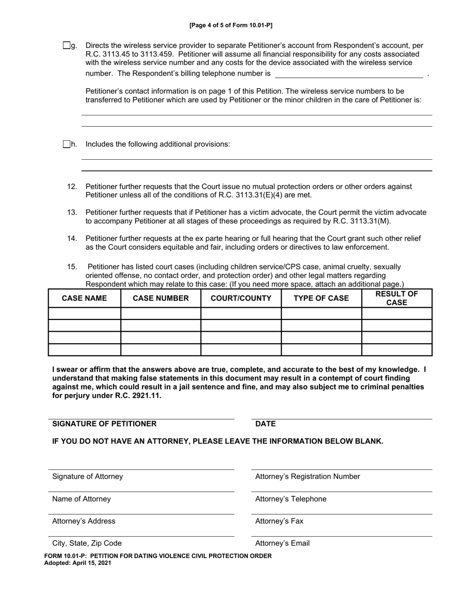 Form 10.01-P Petition for Dating Violence Civil Protection Order - Cuyahoga County, Ohio, Page 4