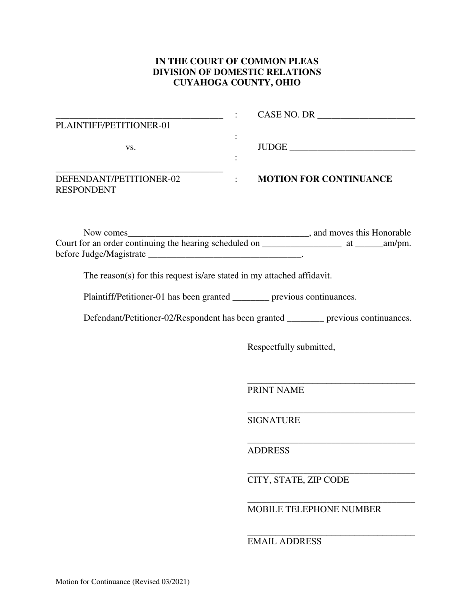 Cuyahoga County, Ohio Motion for Continuance - Fill Out, Sign Online ...