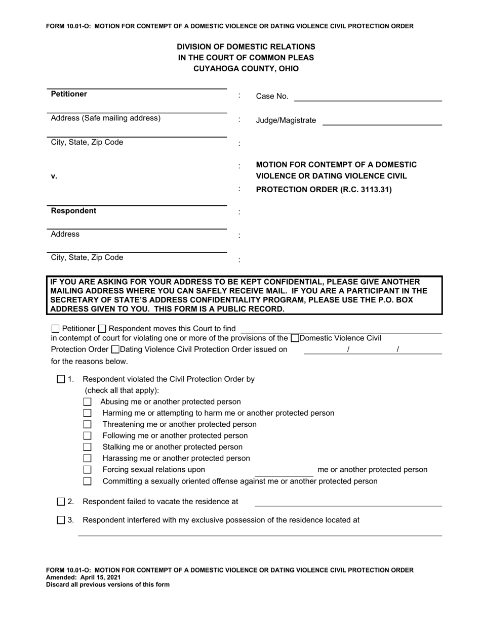 Form 10.01-O Motion for Contempt of a Domestic Violence or Dating Violence Civil Protection Order - Cuyahoga County, Ohio, Page 1