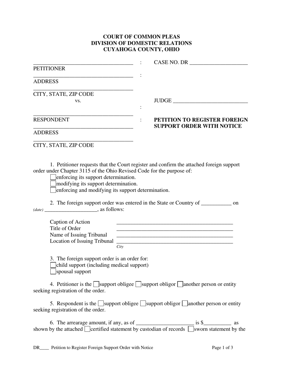 Petition to Register Foreign Support Order With Notice - Cuyahoga County, Ohio, Page 1