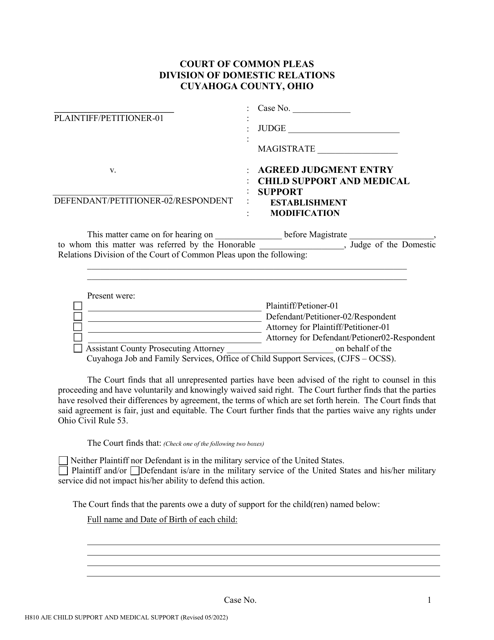 Form H810 Agreed Judgment Entry Child Support and Medical Support - Cuyahoga County, Ohio