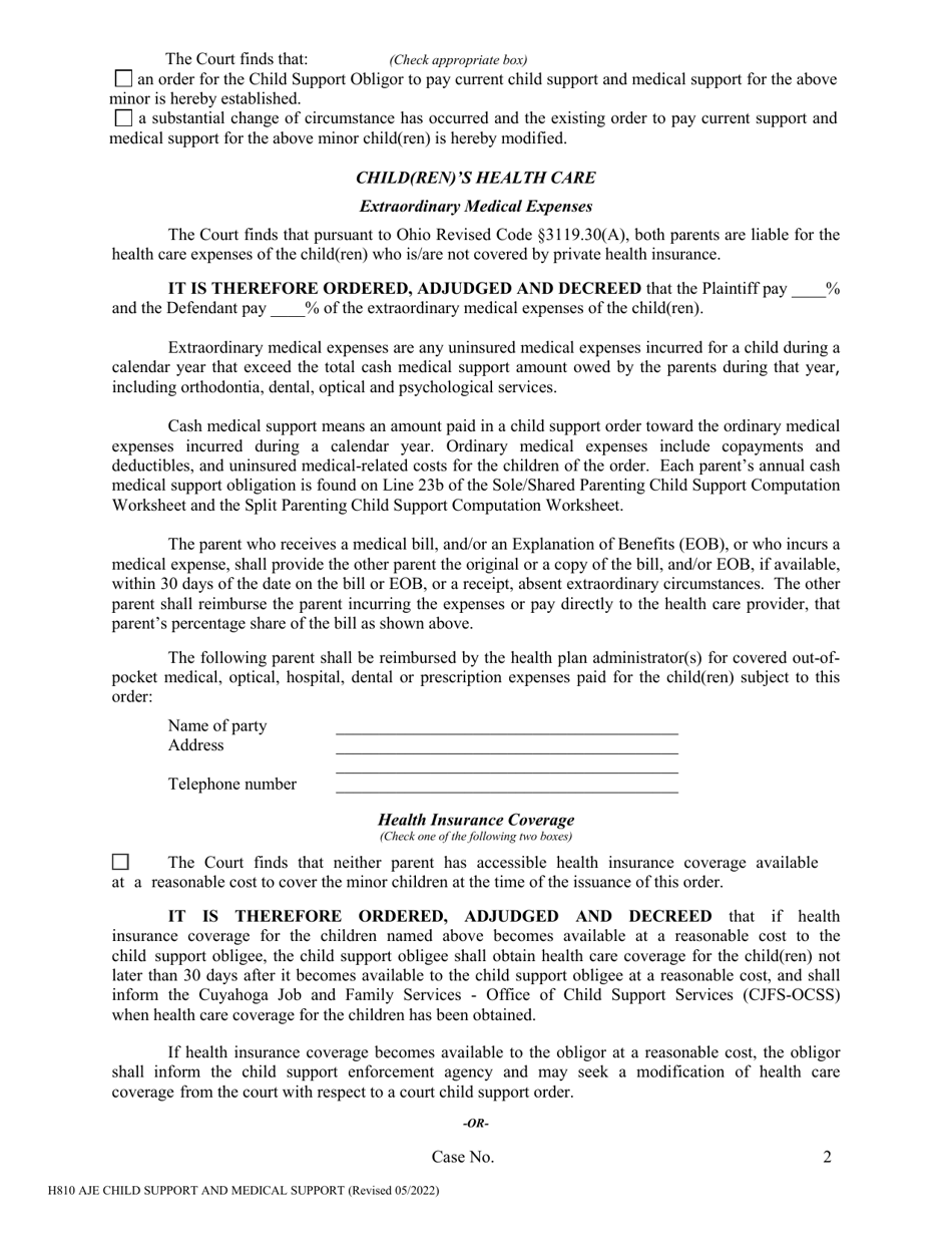 Form H810 Agreed Judgment Entry Child Support and Medical Support - Cuyahoga County, Ohio, Page 2