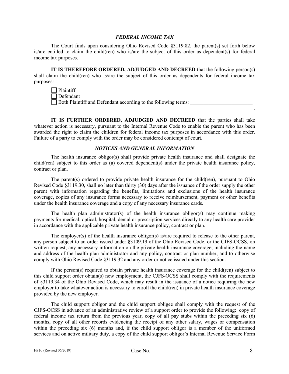 Form H810 Agreed Judgment Entry Child Support and Medical Support - Cuyahoga County, Ohio, Page 8
