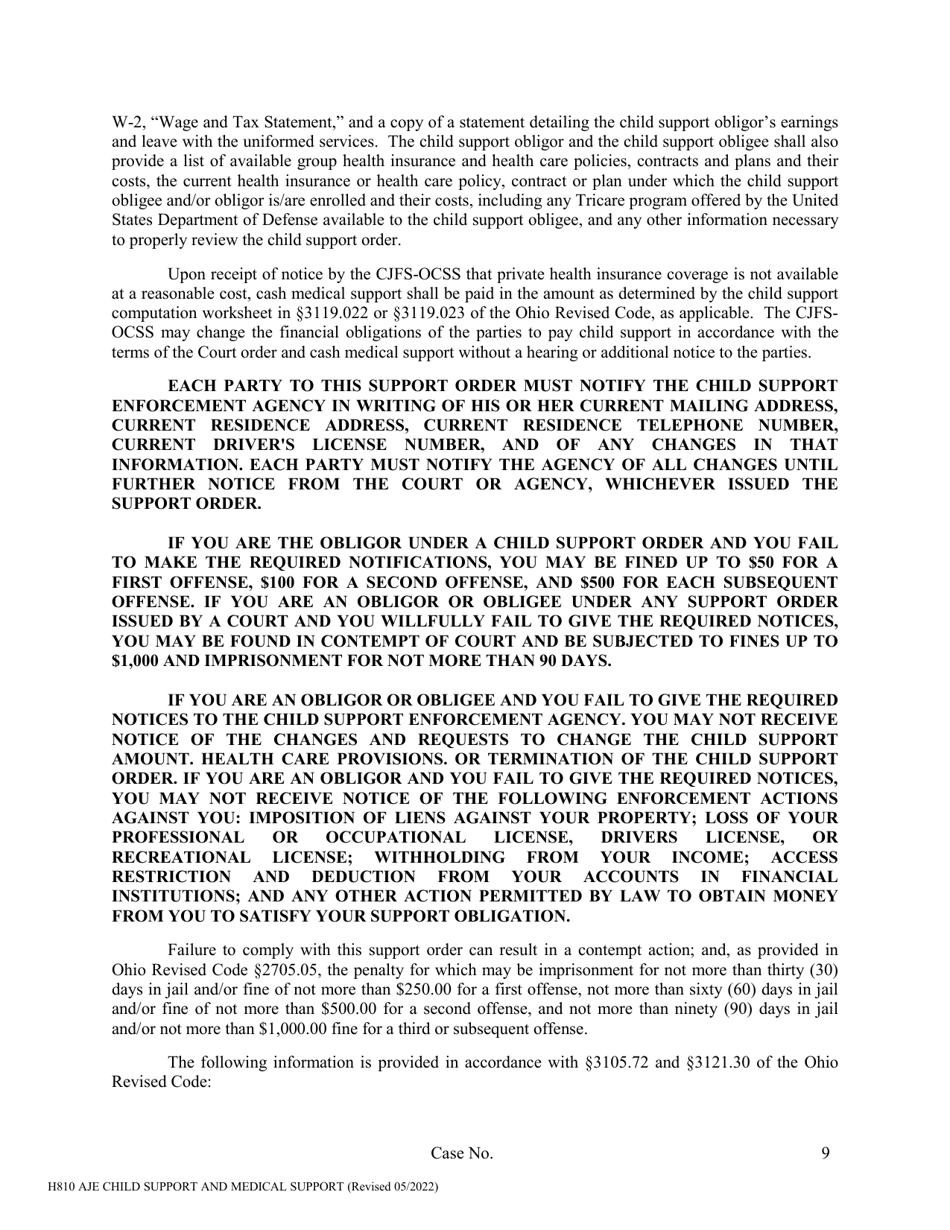 Form H810 Agreed Judgment Entry Child Support and Medical Support - Cuyahoga County, Ohio, Page 9