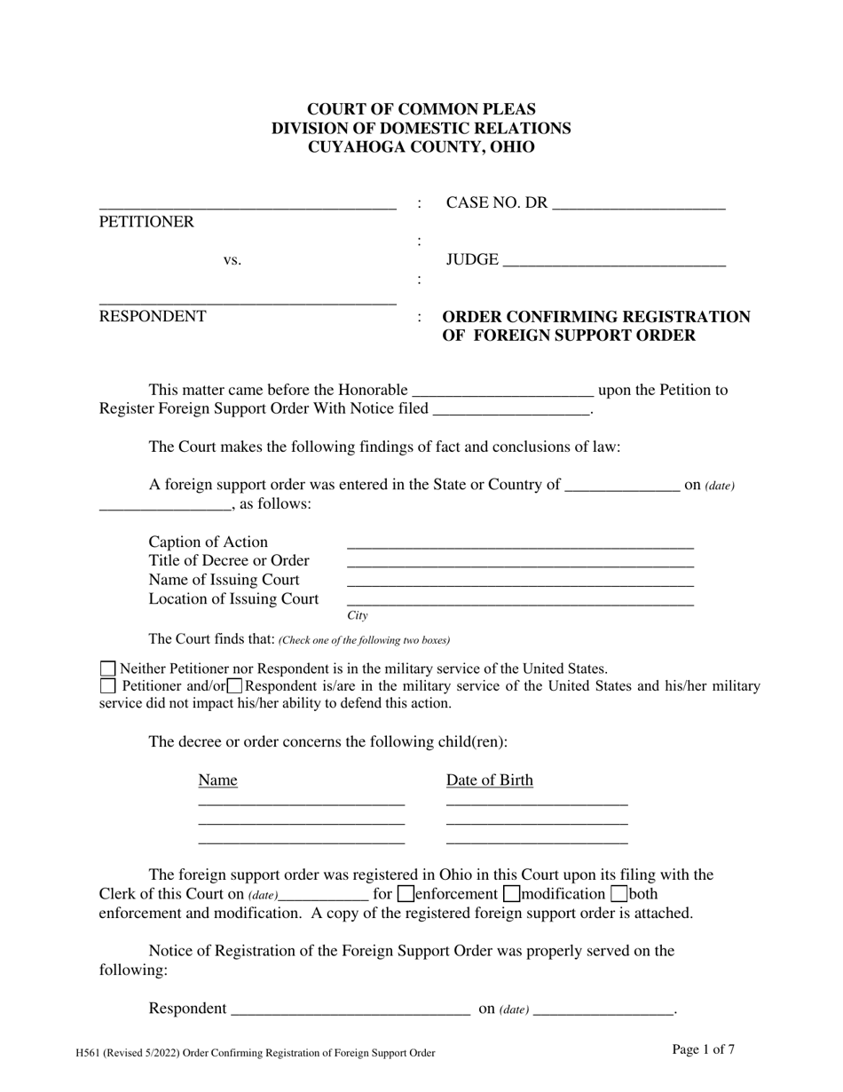Form H561 Order Confirming Registration of Foreign Support Order - Cuyahoga County, Ohio, Page 1