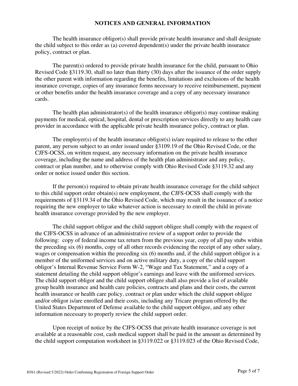 Form H561 Order Confirming Registration of Foreign Support Order - Cuyahoga County, Ohio, Page 5