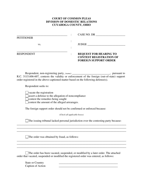 Document preview: Request for Hearing to Contest Registration of Foreign Support Order - Cuyahoga County, Ohio