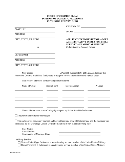 Application to Review or Adopt Administrative Order for Child Support and Medical Support - Cuyahoga County, Ohio Download Pdf