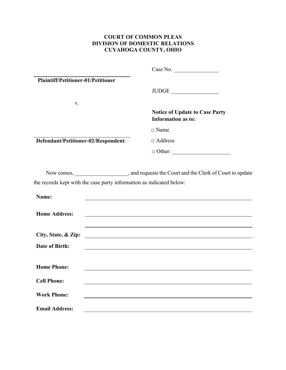 Cuyahoga County, Ohio Notice of Update to Case Party Information Fill
