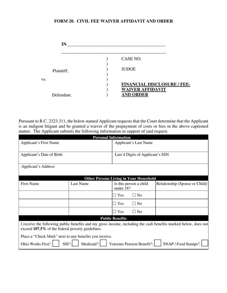 Form 20 Civil Fee Waiver Affidavit and Order - Cuyahoga County, Ohio, Page 1