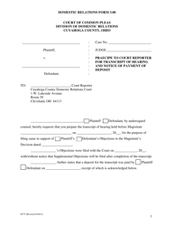Domestic Relations Form 3.00 (H775) Praecipe to Court Reporter for Transcript of Hearing and Notice of Payment of Deposit - Cuyahoga County, Ohio