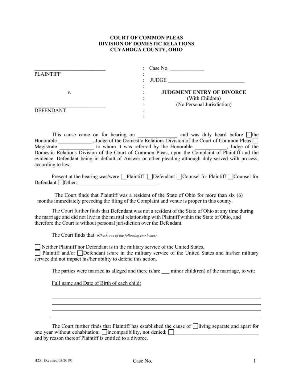 Form H251 Judgment Entry of Divorce (With Children, No Personal Jurisdiction) - Cuyahoga County, Ohio, Page 1