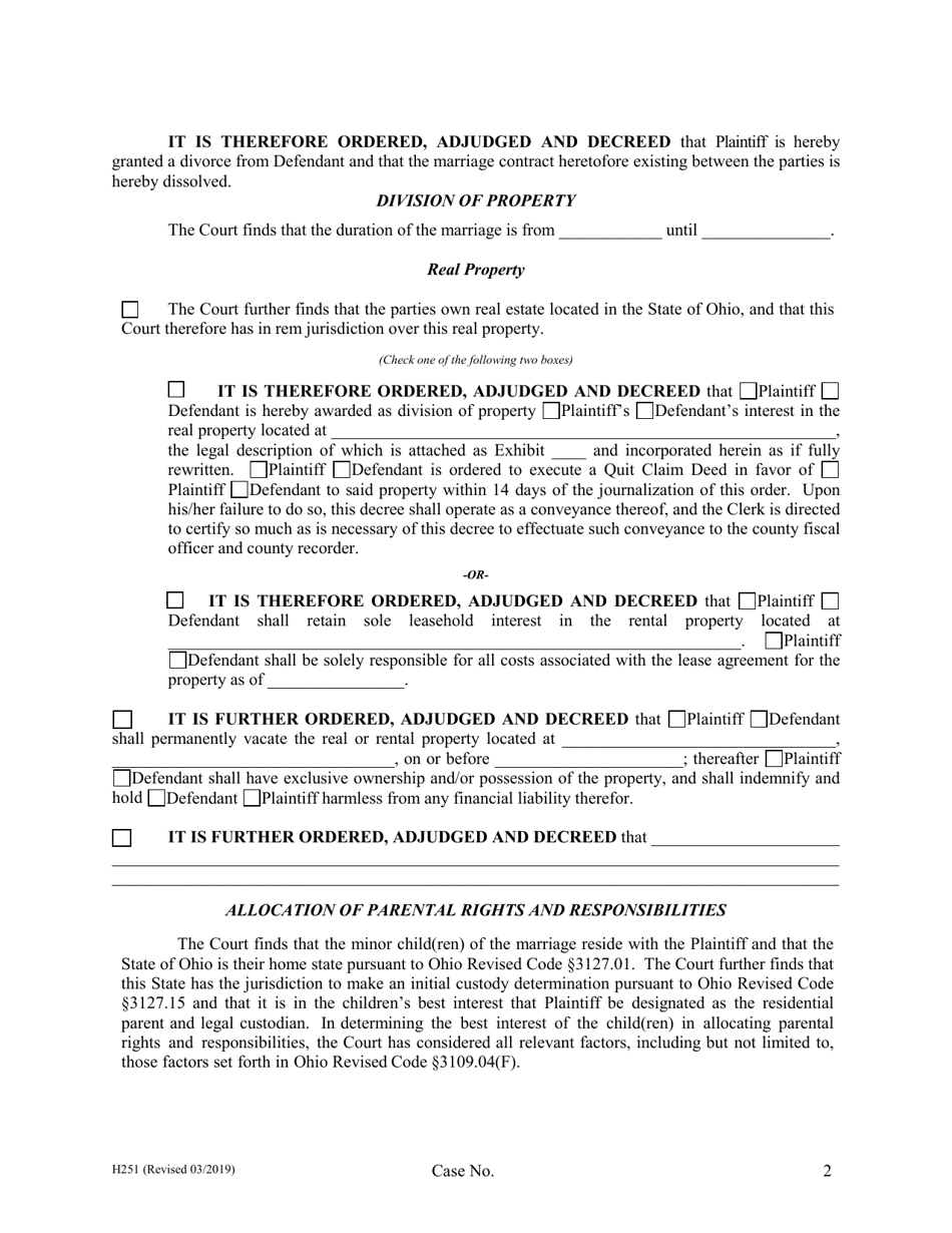 Form H251 Judgment Entry of Divorce (With Children, No Personal Jurisdiction) - Cuyahoga County, Ohio, Page 2