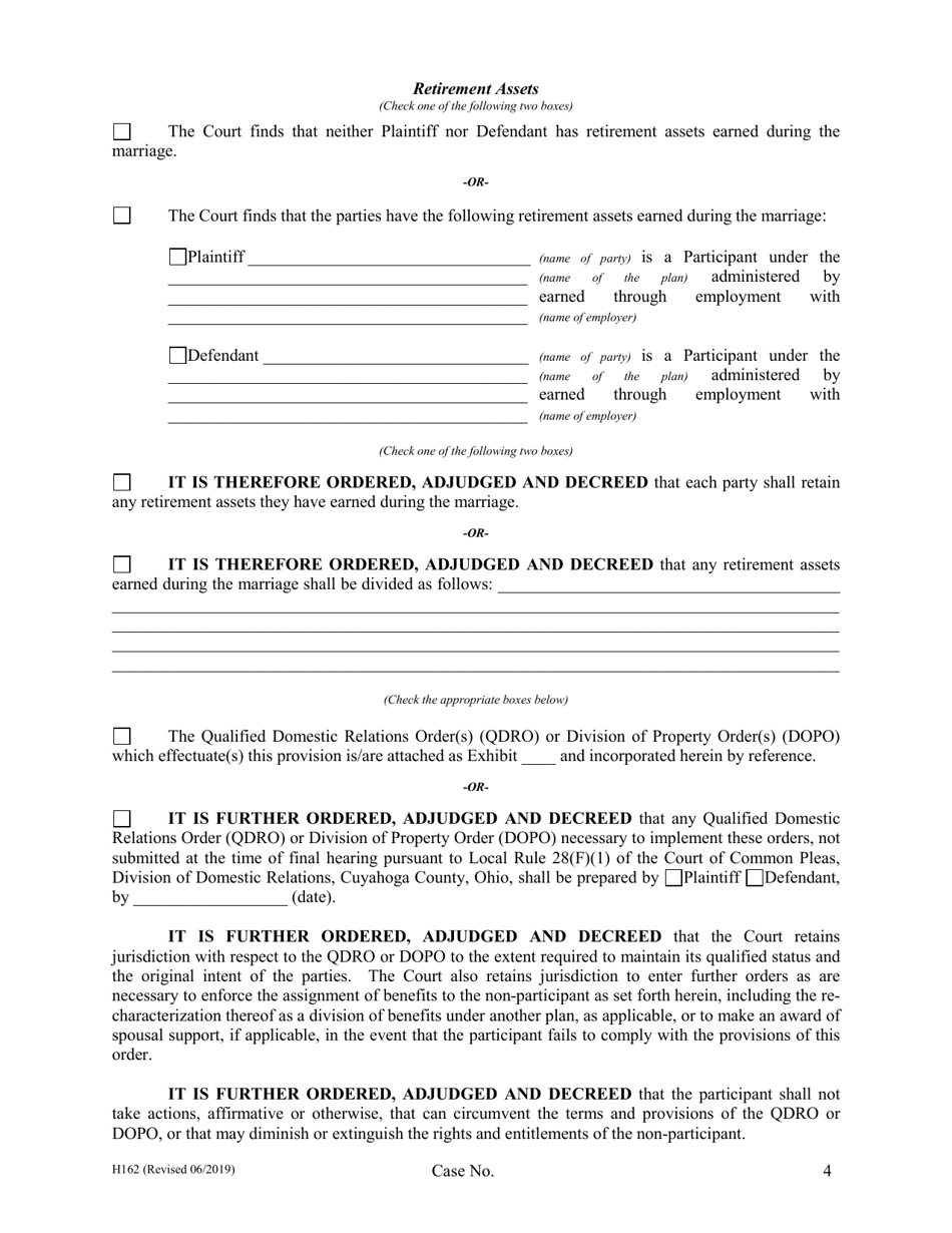 Form H162 Judgment Entry of Divorce (No Children, No Separation Agreement, No Spousal Support) - Cuyahoga County, Ohio, Page 4