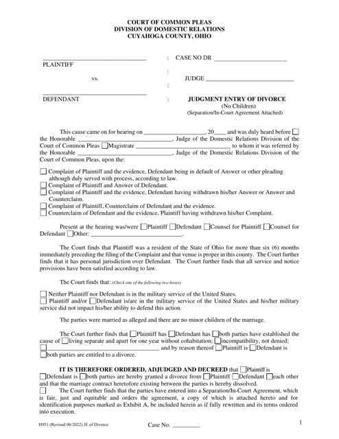 Form H951 Judgment Entry of Divorce (No Children, With Separation Agreement and Spousal Support) - Cuyahoga County, Ohio