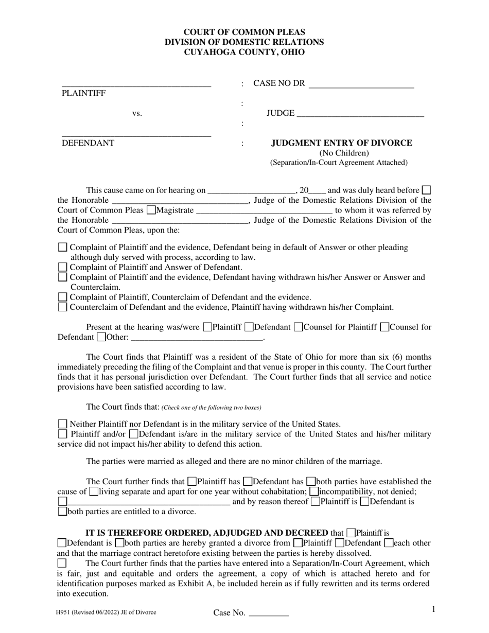 Form H951 - Fill Out, Sign Online And Download Fillable Pdf, Cuyahoga 