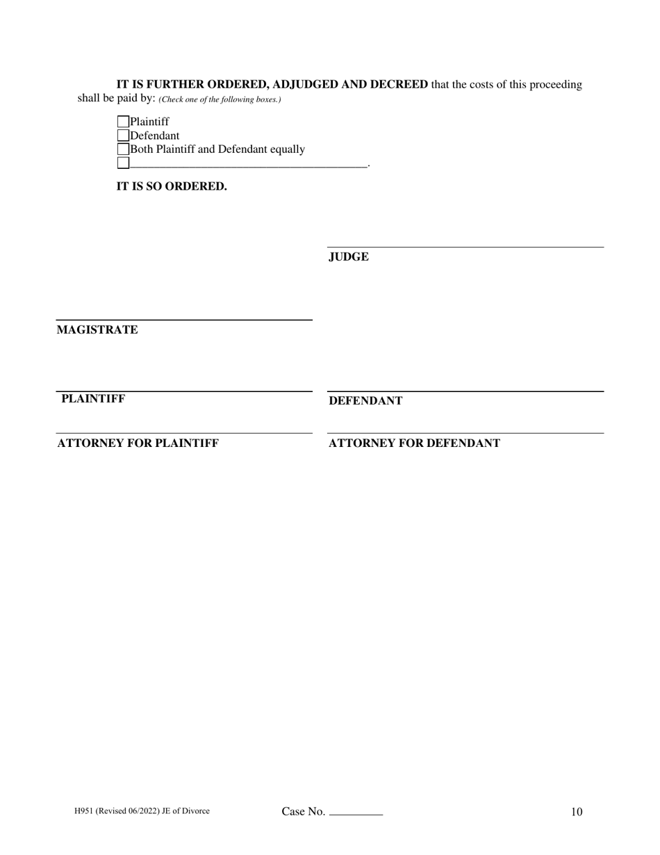 Form H951 Judgment Entry of Divorce (No Children, With Separation Agreement and Spousal Support) - Cuyahoga County, Ohio, Page 10